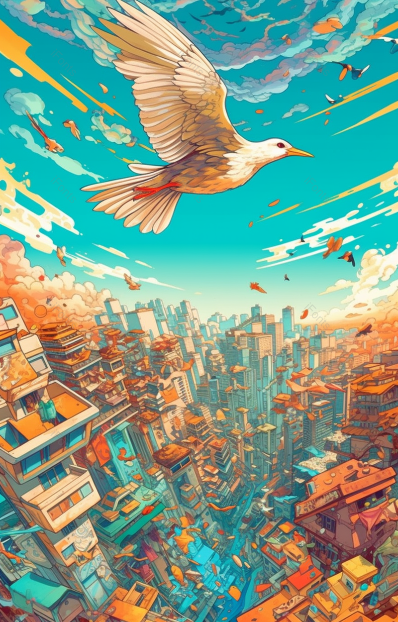 春天夏天蓝天下鸽子飞鸟飞过残破的高楼大厦手绘插画背景,插画/手绘图,插画/手绘图库,插画/手绘图下载,插画/手绘